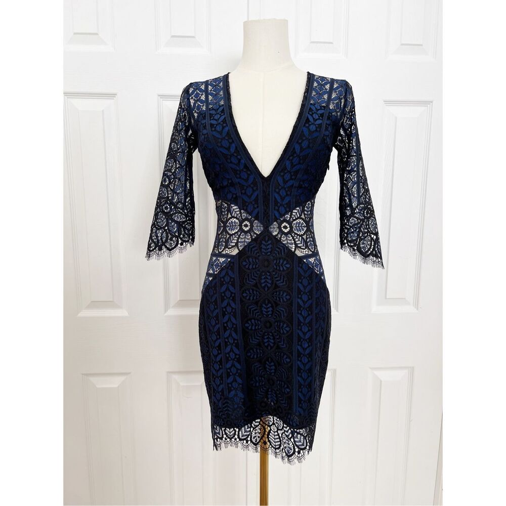 For Love & Lemons Womens Blue Black Lace Lyla Cocktail Dress Size‎ XS